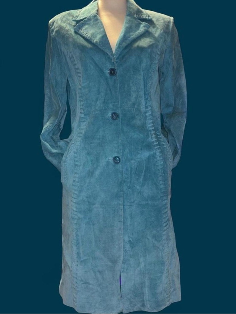 City girl by Nancy Bolen Women's Teal Suede Long Coat - Classic Button Front